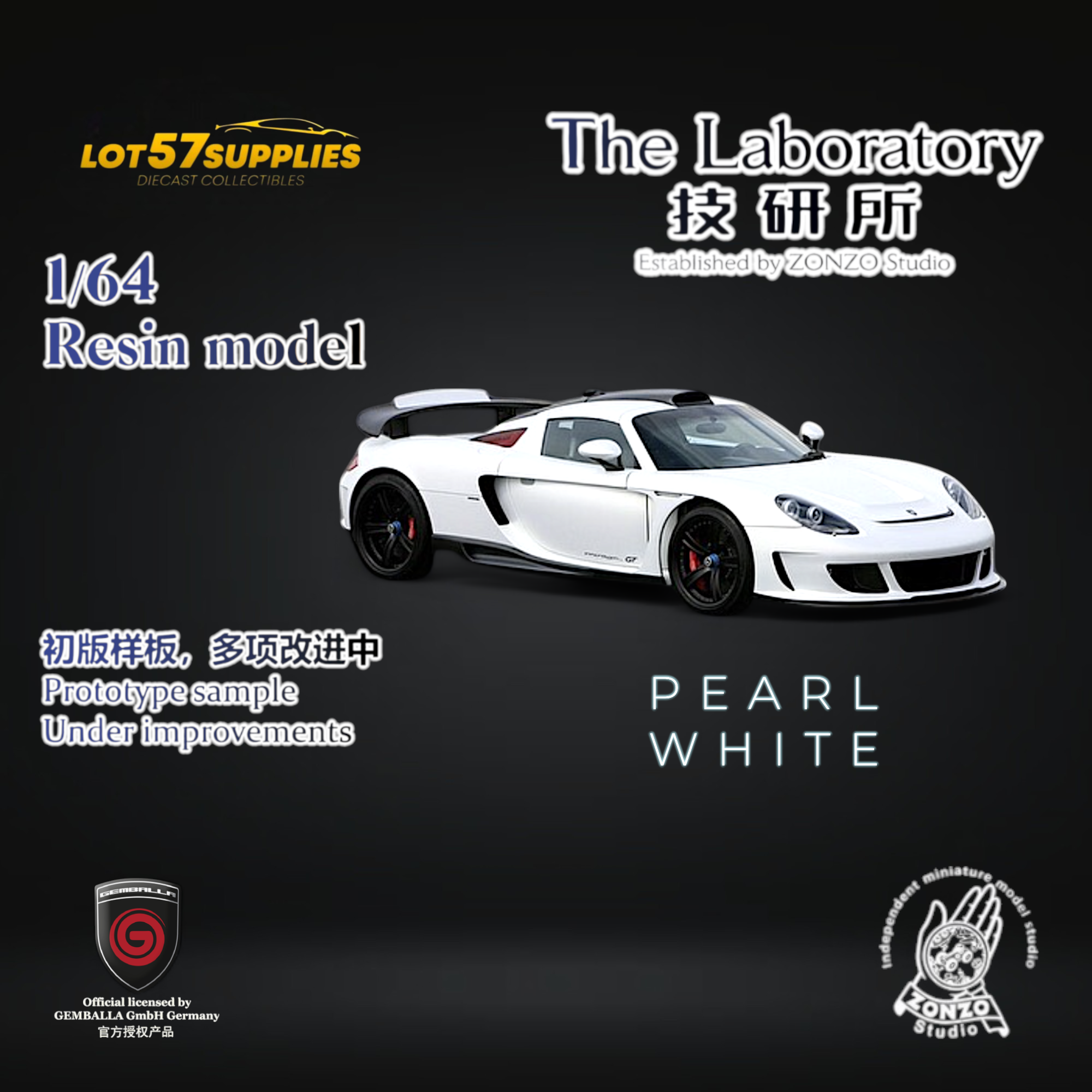 The Laboratory X ZONZO Gemballa Mirage GT PEARL WHITE 1:64 Resin - Collectors World Toys