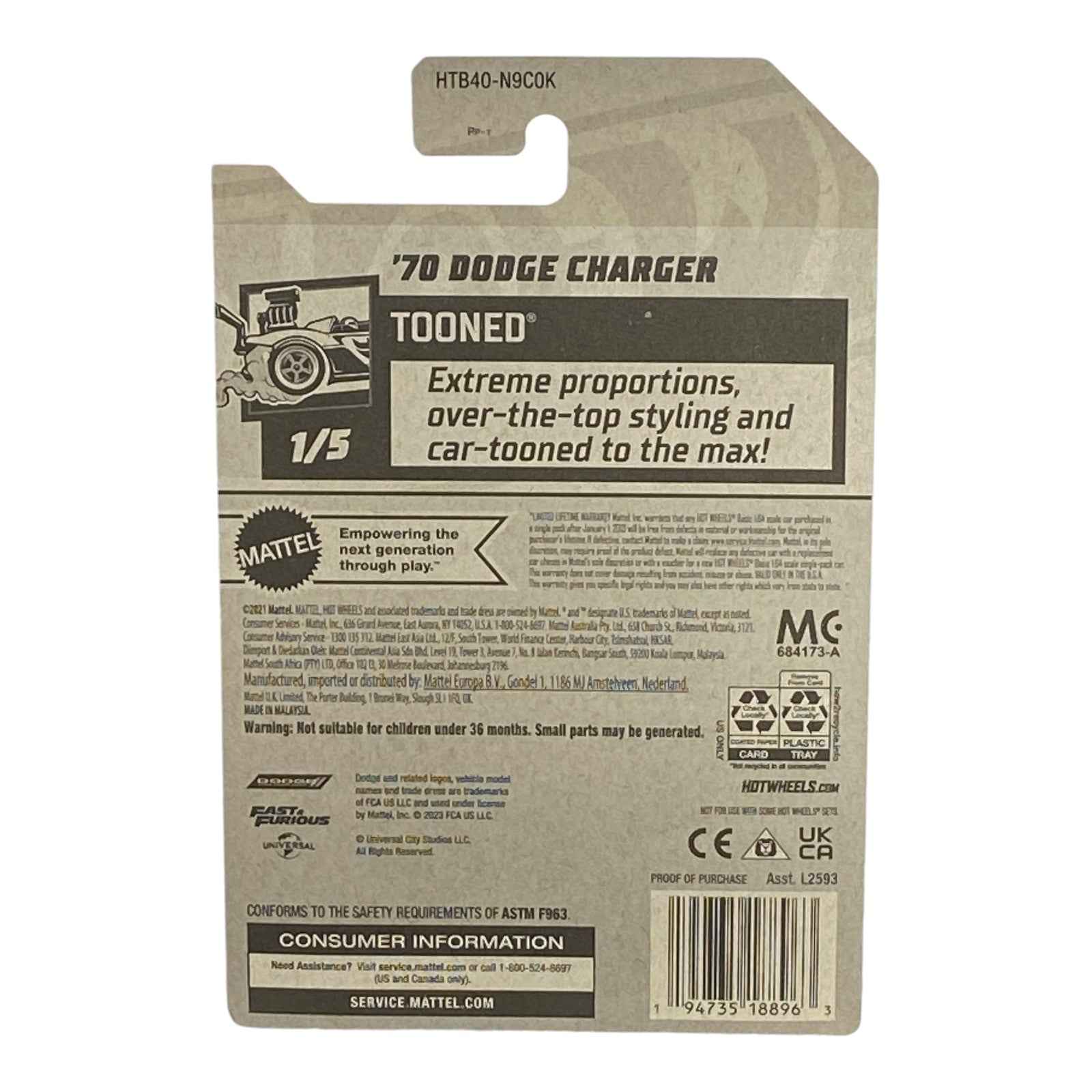 Hot Wheels '70 Dodge Charger - Red Stripe on Trunk - Tooned Series 1/5 -