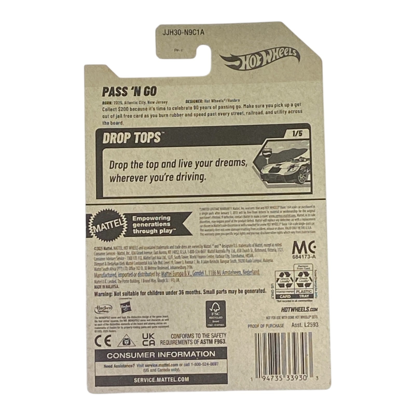 Hot Wheels Pass 'N Go - Monopoly 90 Years - Drop Tops Series 1/5