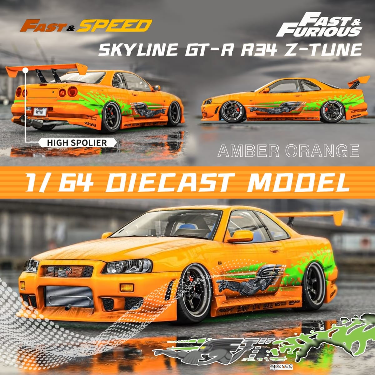 Fast Speed Nissan Skyline GT-R R34 Z-Tune HighWing Edition FNS Livery Amber Orange 1:64