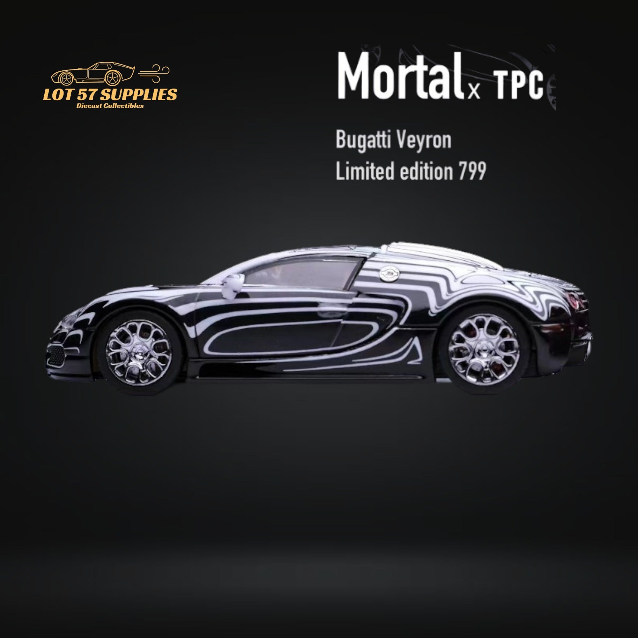 Mortal Bugatti Veyron Ceramic Dragon White/Black With Adjustable Wing 1:64 - Collectors World Toys