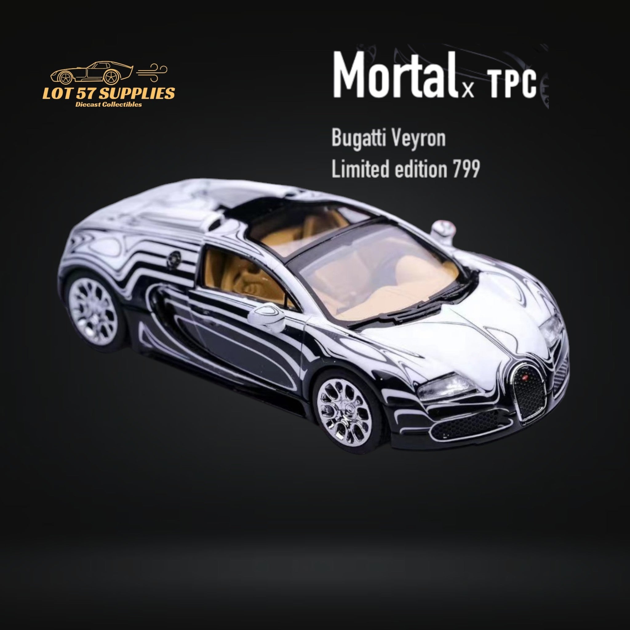 Mortal Bugatti Veyron Ceramic Dragon White/Black With Adjustable Wing 1:64 Main image