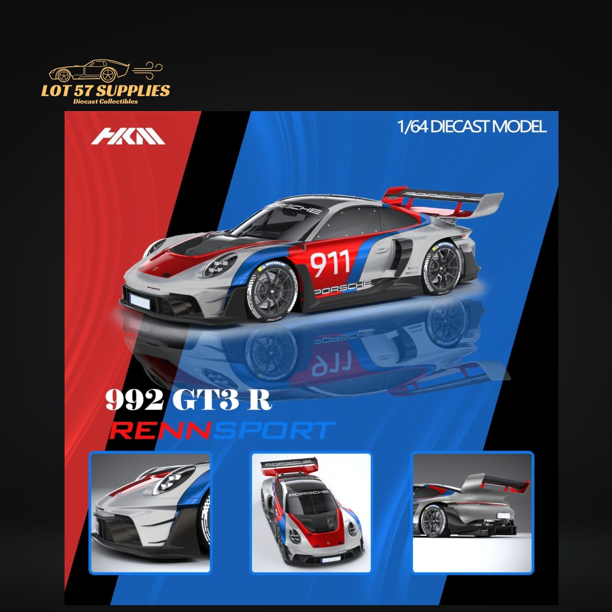 (Pre-Order) HKM Model Porsche 911 (992) GT3 R Rennsport Silver #911 1:64 - Collectors World Toys Main image