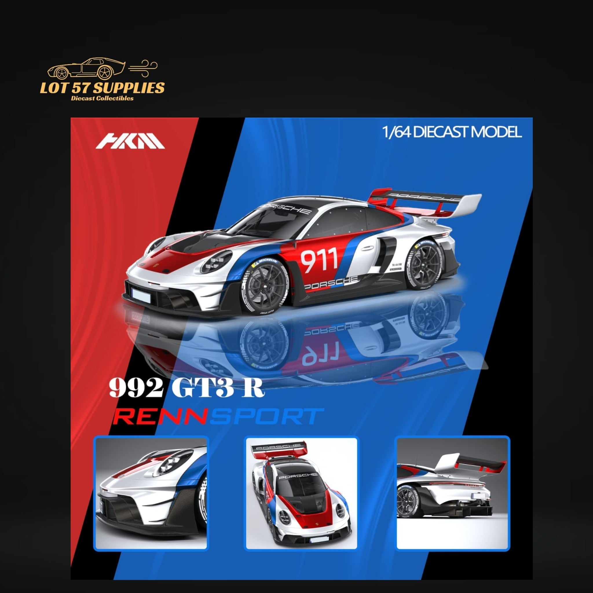 (Pre-Order) HKM Model Porsche 911 (992) GT3 R Rennsport White #911 1:64 - Collectors World Toys Main image