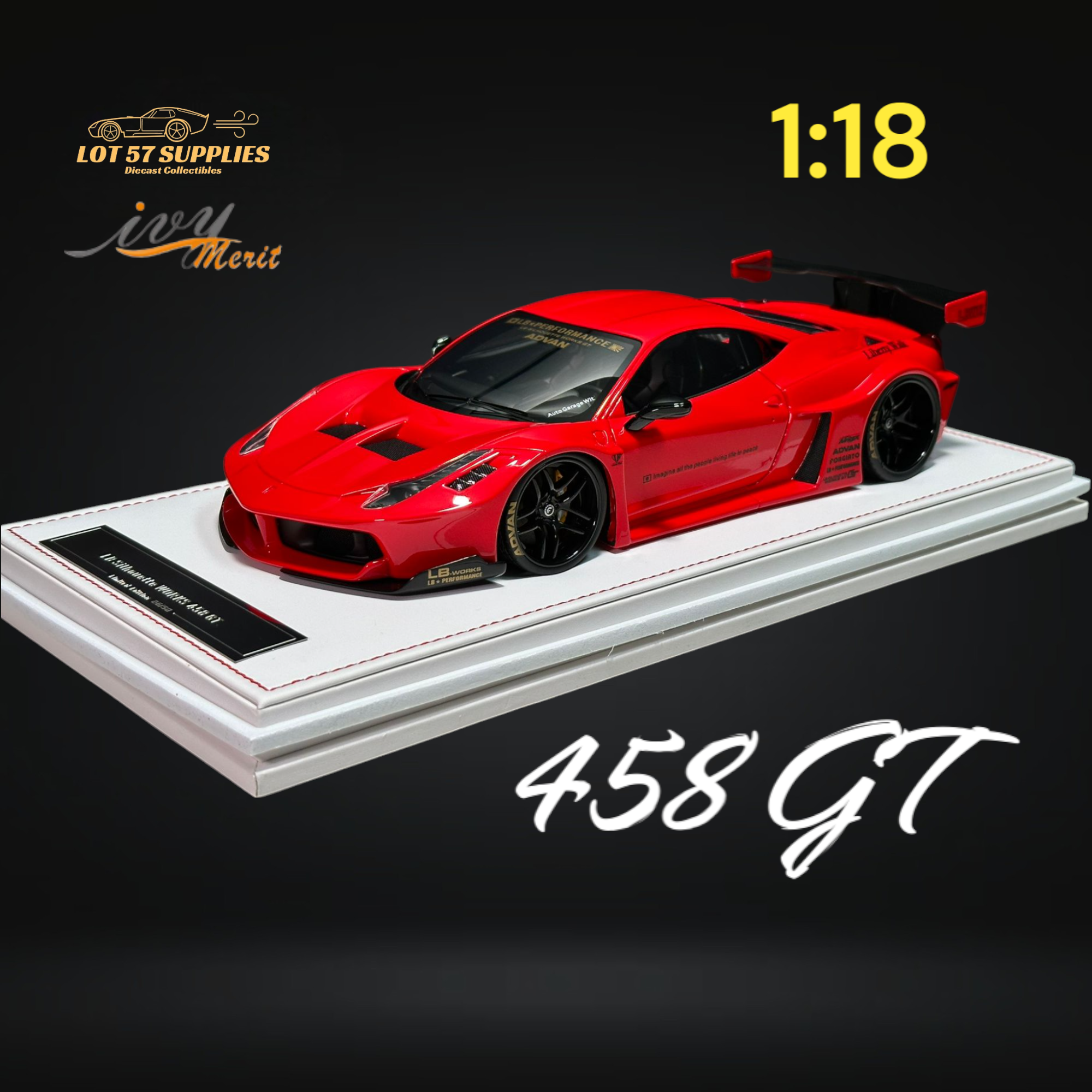 IVY MERIT 458 GT Rosso Red LBWK LB Silhouette Resin 1:18 Scale - Collectors World Toys