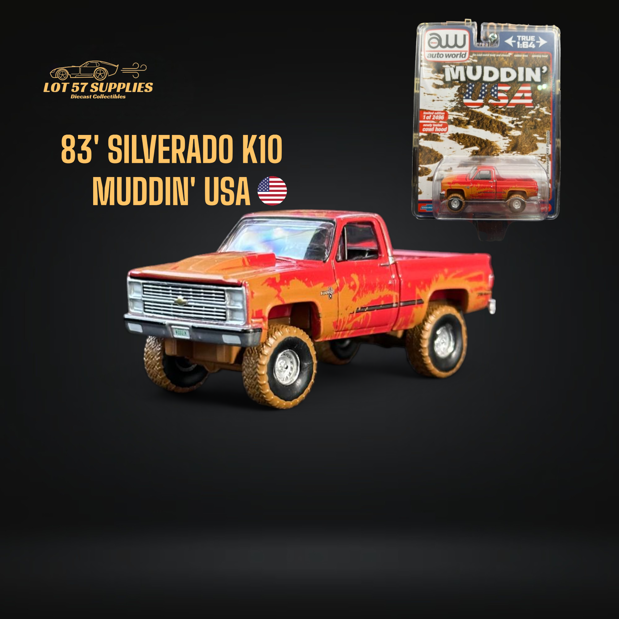 Auto World 1983 Chevrolet Silverado K10 4x4 Muddy LIFTED Squarebody 1:64 Main image