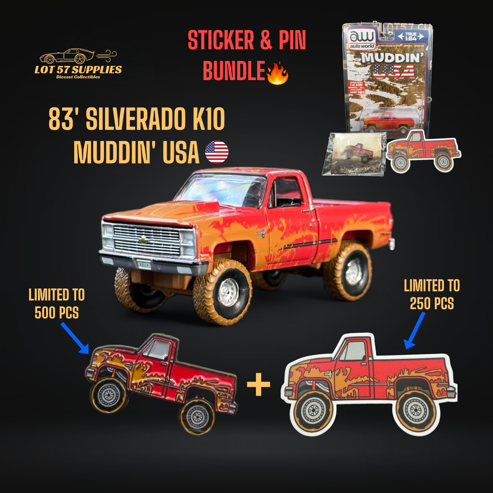 Auto World 1983 Chevrolet Silverado K10 4x4 Muddy LIFTED Squarebody 1:64 BUNDLE 1:64 Main image