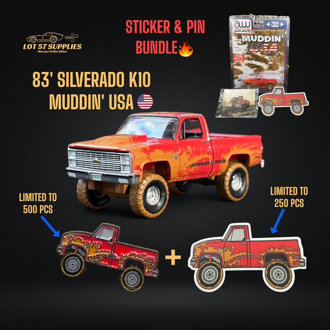 Auto World 1983 Chevrolet Silverado K10 4x4 Muddy LIFTED Squarebody 1:64 BUNDLE 1:64 - Collectors World Toys Hover Image