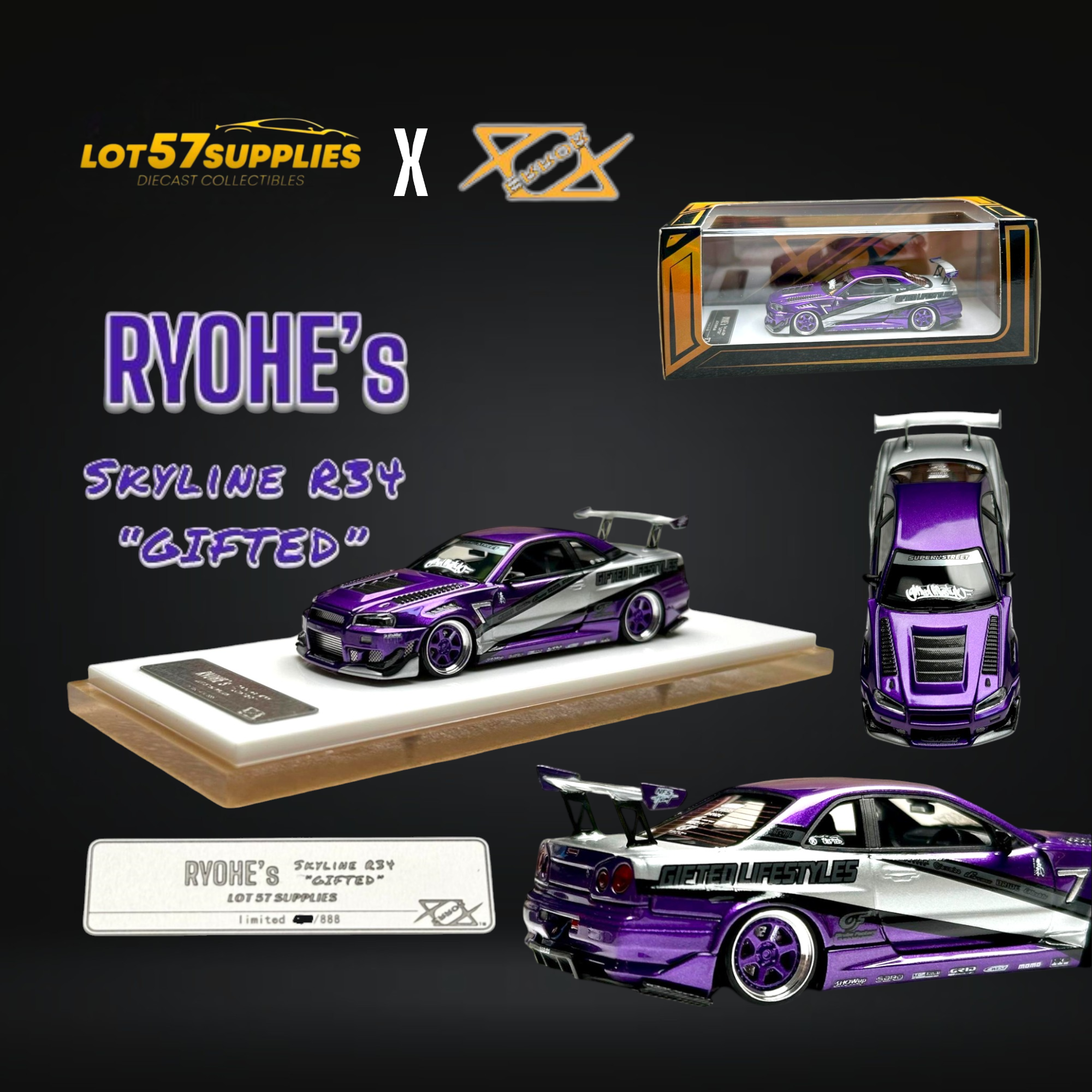 Error404 X LOT 57 Exclusive RYOHE's Skyline R34 "GIFTED" Resin 1:64 Main image