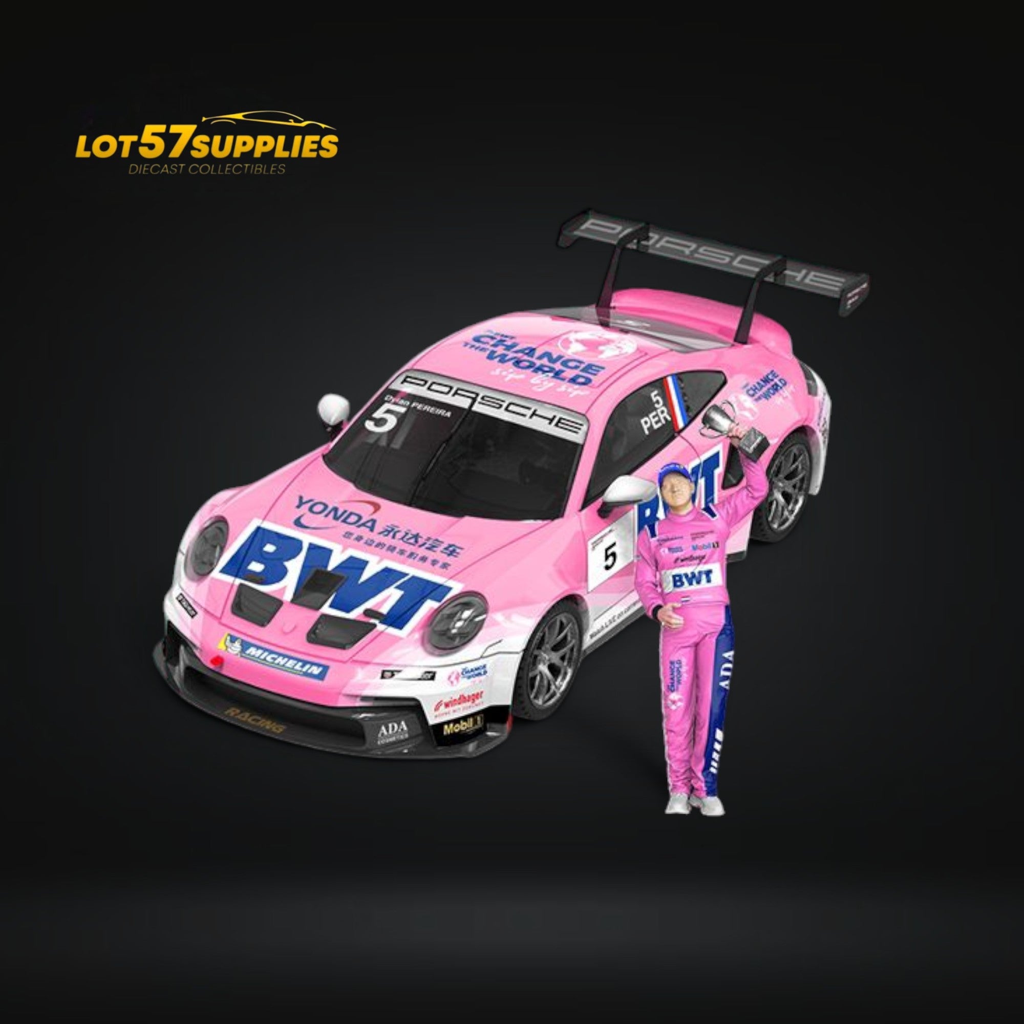 ModernArt Porsche 911 GT3 Cup-Yonda BWT Pink livery w/ figure 1:64 Main image