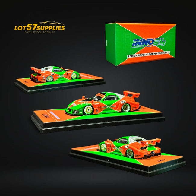 Inno64 Mazda RX-7 LBWK FD3S Orange/Green MDX 24' 1:64 IN64-LBWK-RX7-04 - Collectors World Toys Hover Image