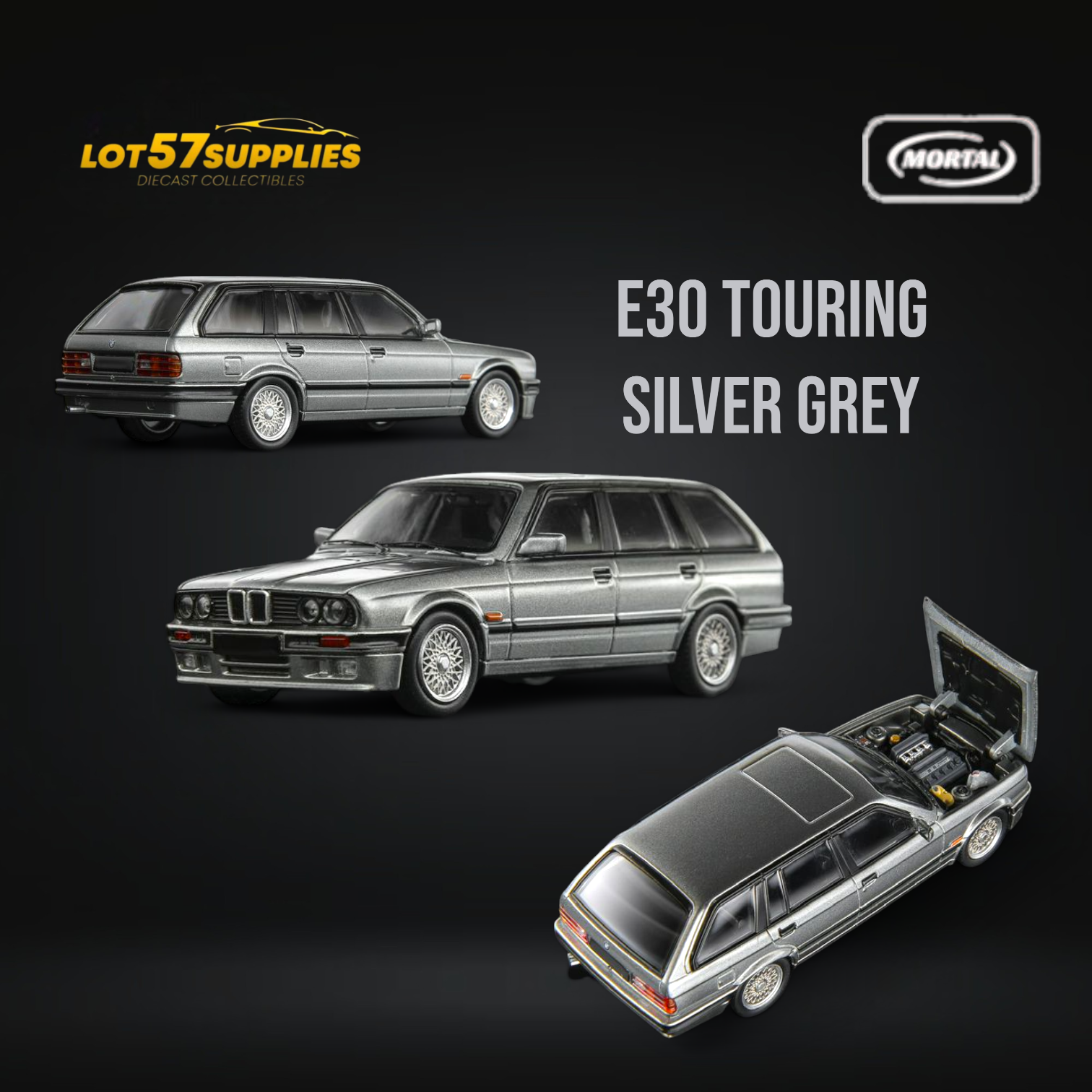 Mortal BMW E30 Touring Wagon in Silver Grey w/ Openable Hood 1:64 Main image