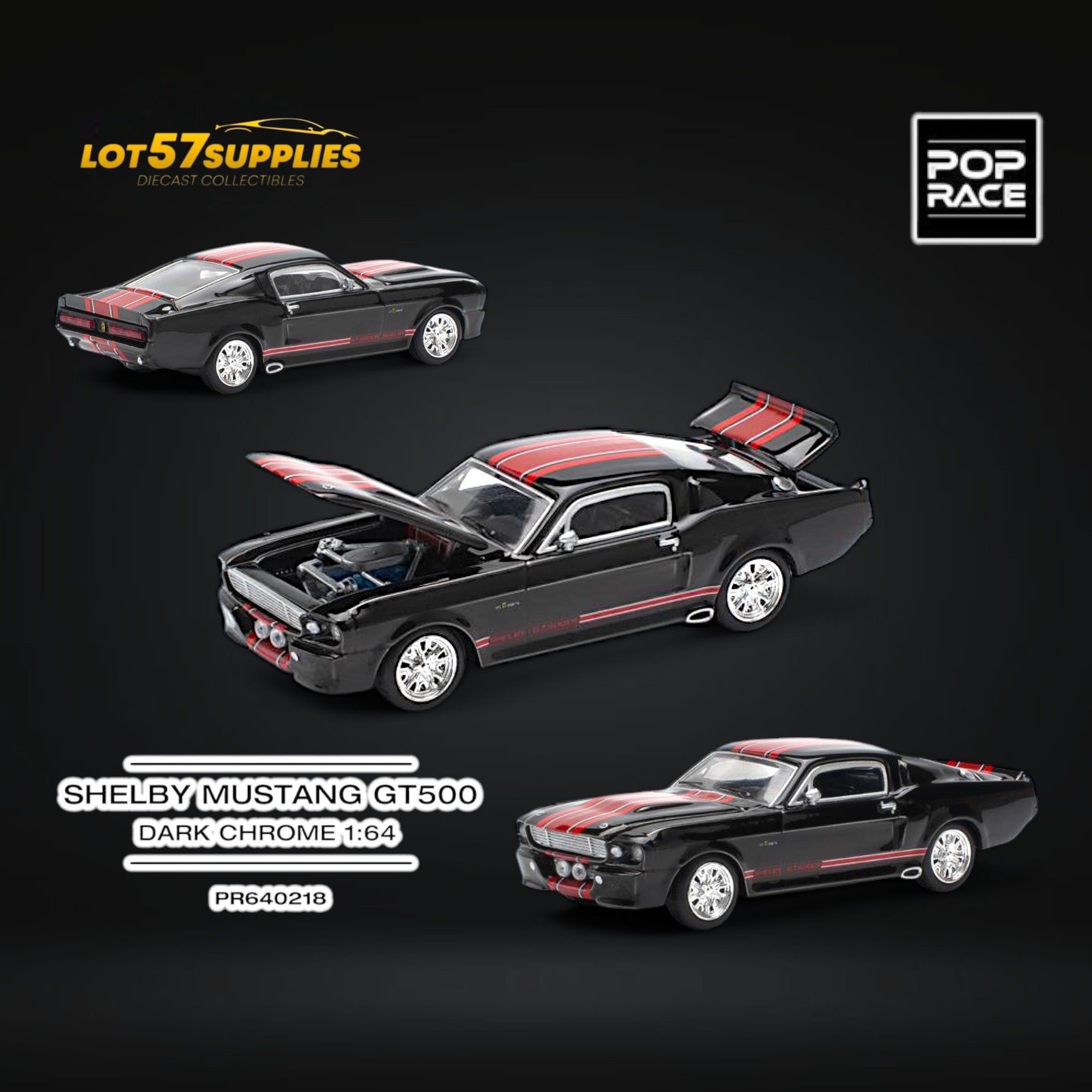 (Pre-Order) Pop Race Shelby Mustang GT500 Dark Chrome Black w/ Openable hood 1:64 Main image