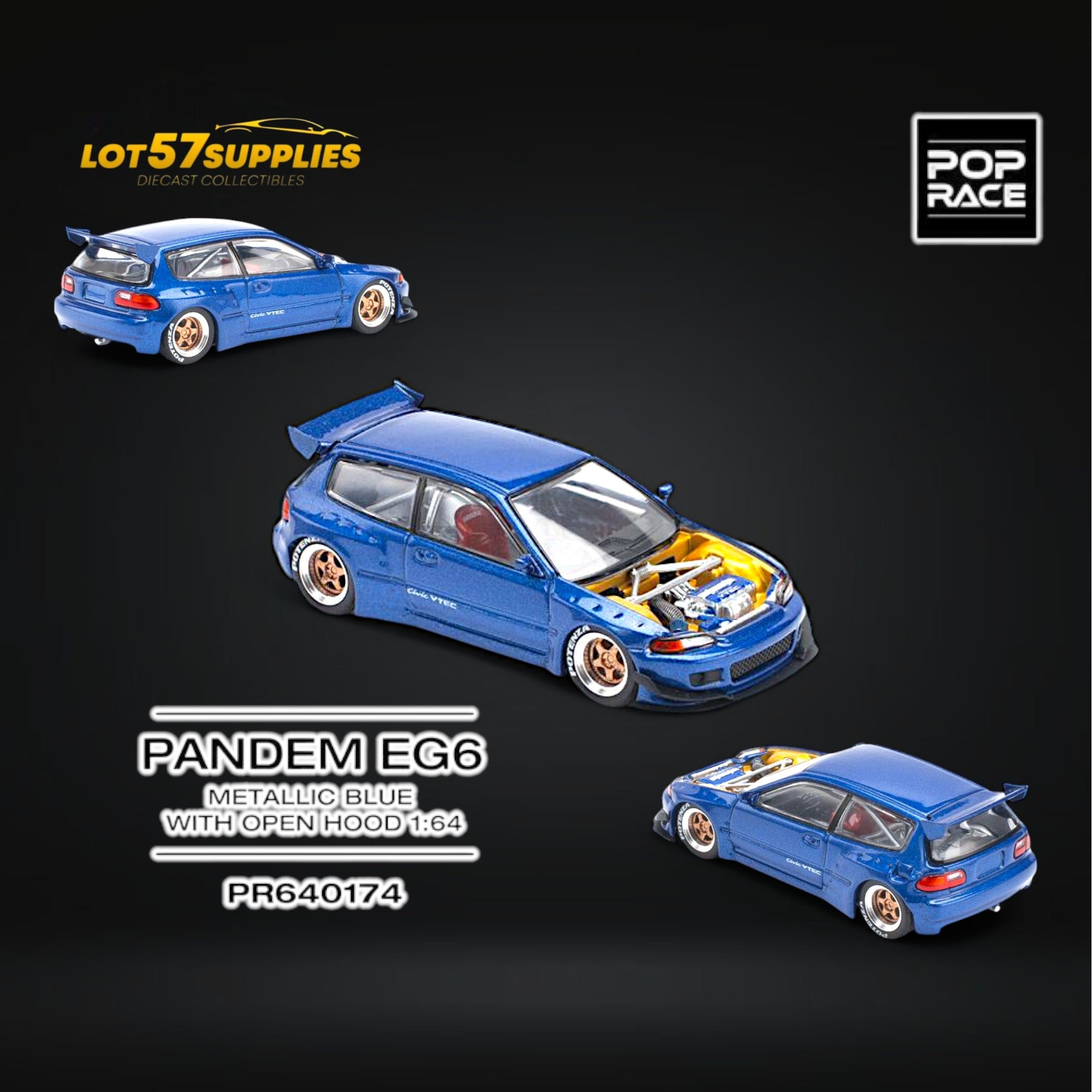 (Pre-Order) Pop Race Pandem Civic EG6 Metallic Blue w/ Openable hood 1:64 Main image