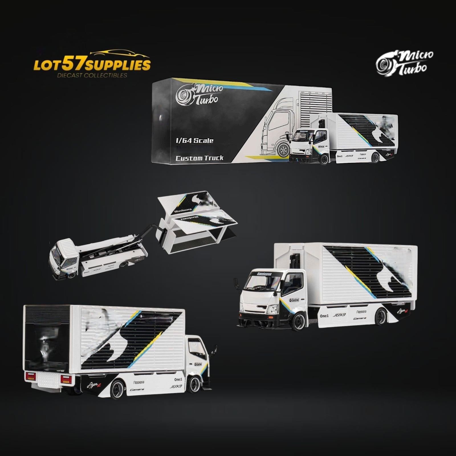 MicroTurbo HINO 300 Custom Box Truck White - Black Livery 1:64 - Collectors World Toys