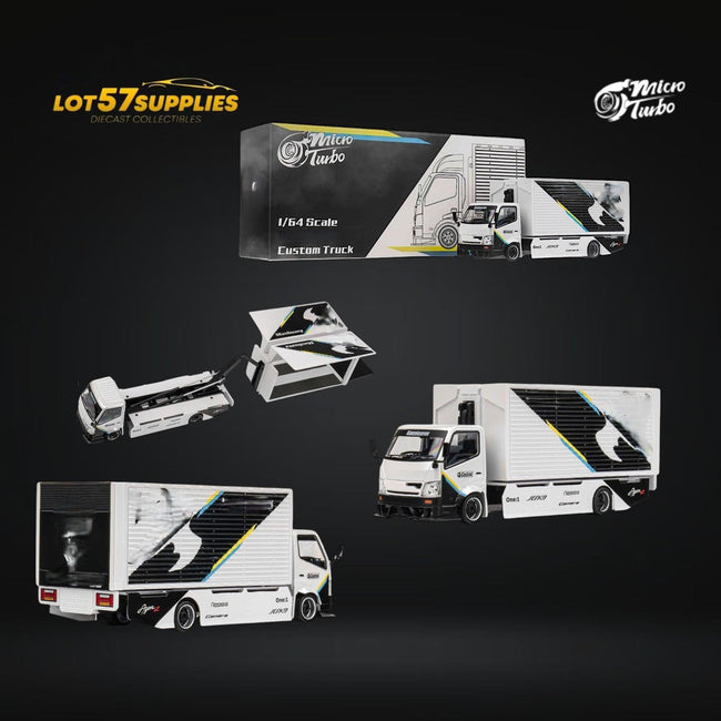 MicroTurbo HINO 300 Custom Box Truck White - Black Livery 1:64 - Collectors World Toys Hover Image