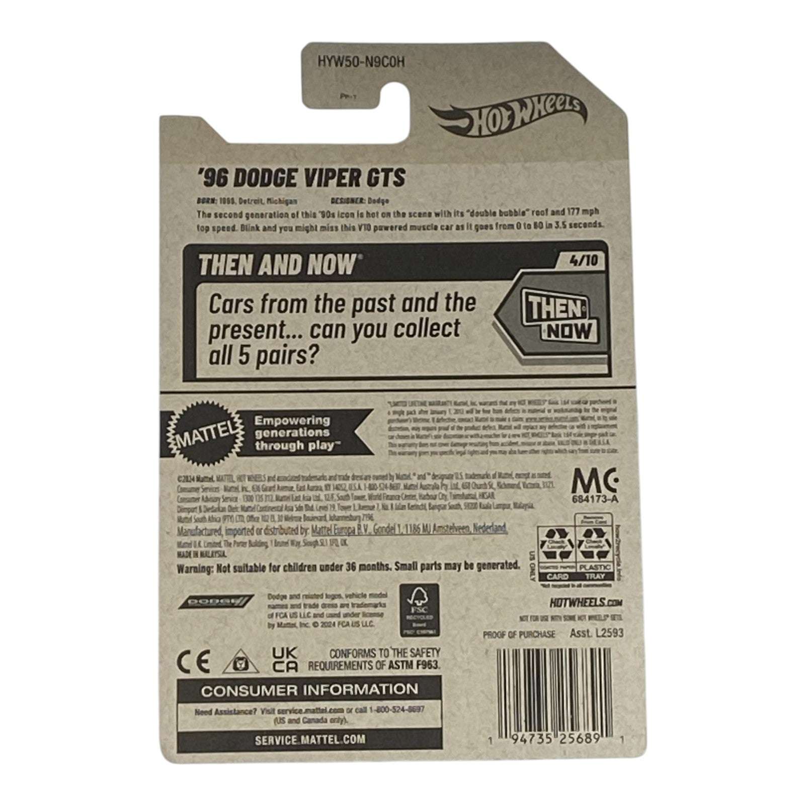 Hot Wheels '96 Dodge Viper GTS - Then and Now Series 4/10