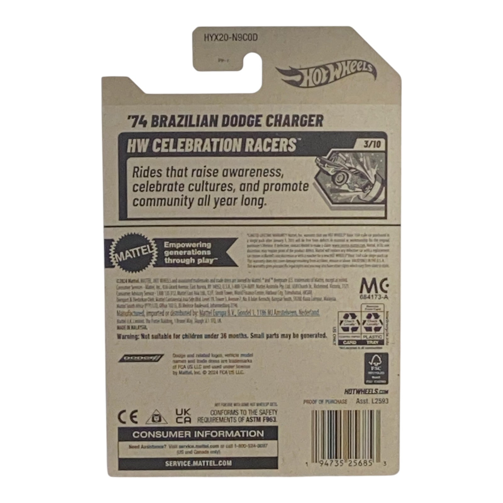 Hot Wheels '74 Brazilian Dodge Charger - International Woman's Day - Celebration Racers Series 3/10 -