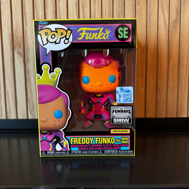 Funko Fundays Experience 2025: Pop! Originals MARVEL Freddy Funko as Iron Man (Blacklight) LE500 Hover Image