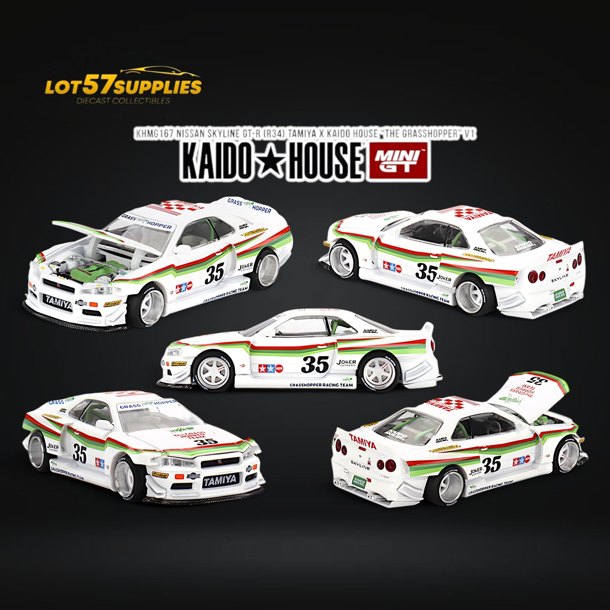 (Pre-Order) Mini GT x Kaido House Skyline GT-R R34 TAMIYA X KH "THE GRASSHOPPER" V1 1:64 KHMG167 - Collectors World Toys
