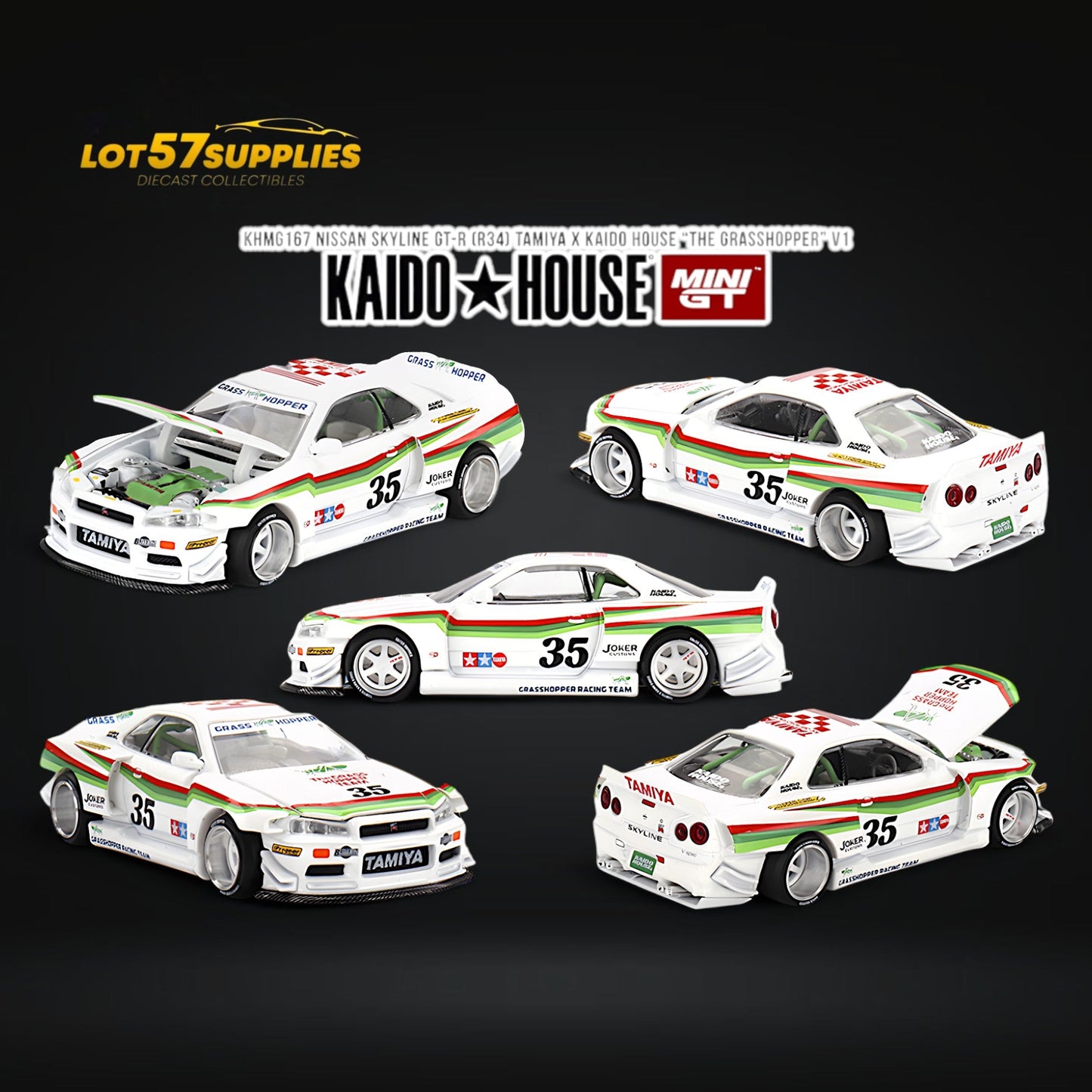 (Pre-Order) Mini GT x Kaido House Skyline GT-R R34 TAMIYA X KH "THE GRASSHOPPER" V1 1:64 KHMG167