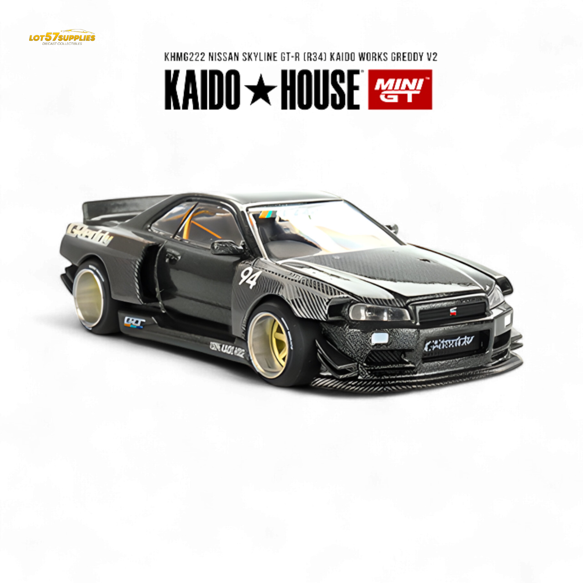 (Pre-Order) Kaido House x Mini GT Nissan Skyline GT-R (R34) Kaido Works GReddy V2 - Black w/ Carbon 1:64 Main image