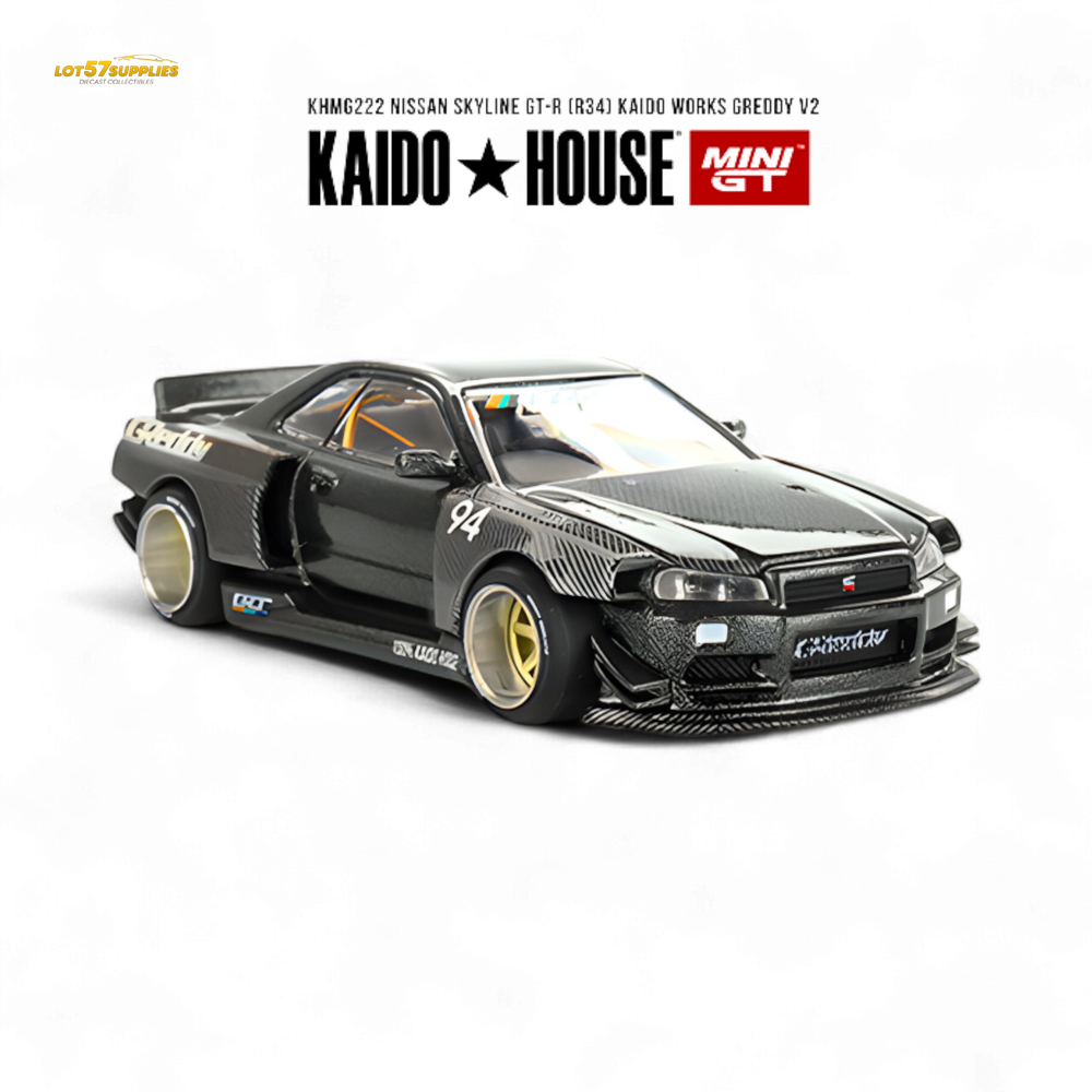 (Pre-Order) Kaido House x Mini GT Nissan Skyline GT-R (R34) Kaido Works GReddy V2 - Black w/ Carbon 1:64 - Collectors World Toys