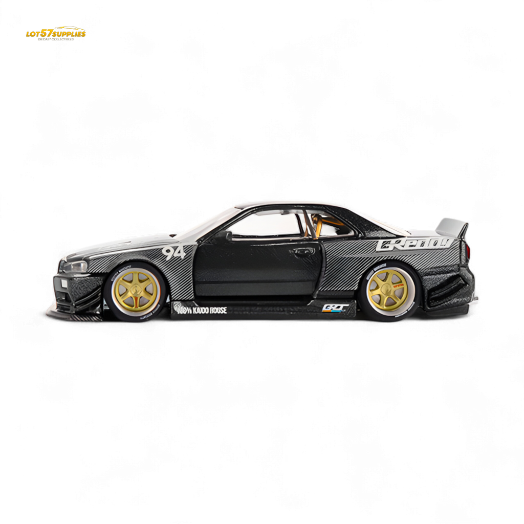 (Pre-Order) Kaido House x Mini GT Nissan Skyline GT-R (R34) Kaido Works GReddy V2 - Black w/ Carbon 1:64