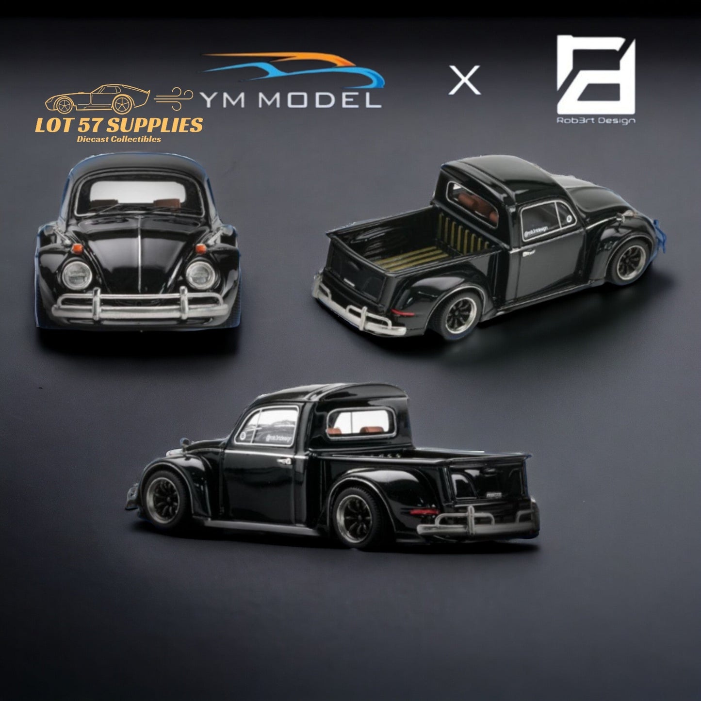 YM Model X Robert Design Volkswagen Beetle Pickup Truck FUSCUP in Black 1:64 Limited to 499 Pcs