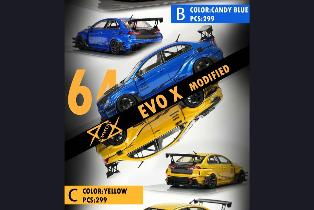 Error404 Model Mitsubishi Evolution X Varis Widebody in Candy Blue OR Yellow 1:64 Each Limited to 299 Pcs - Collectors World Toys
