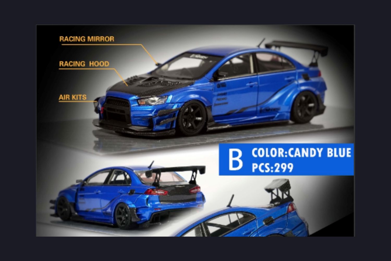 Error404 Model Mitsubishi Evolution X Varis Widebody in Candy Blue OR Yellow 1:64 Each Limited to 299 Pcs - Collectors World Toys
