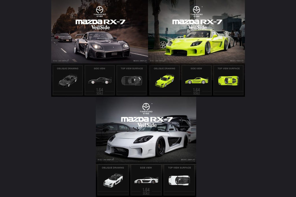 TimeMicro Mazda RX-7 VeilSide BLACK / GREEN / WHITE 1:64 - Collectors World Toys