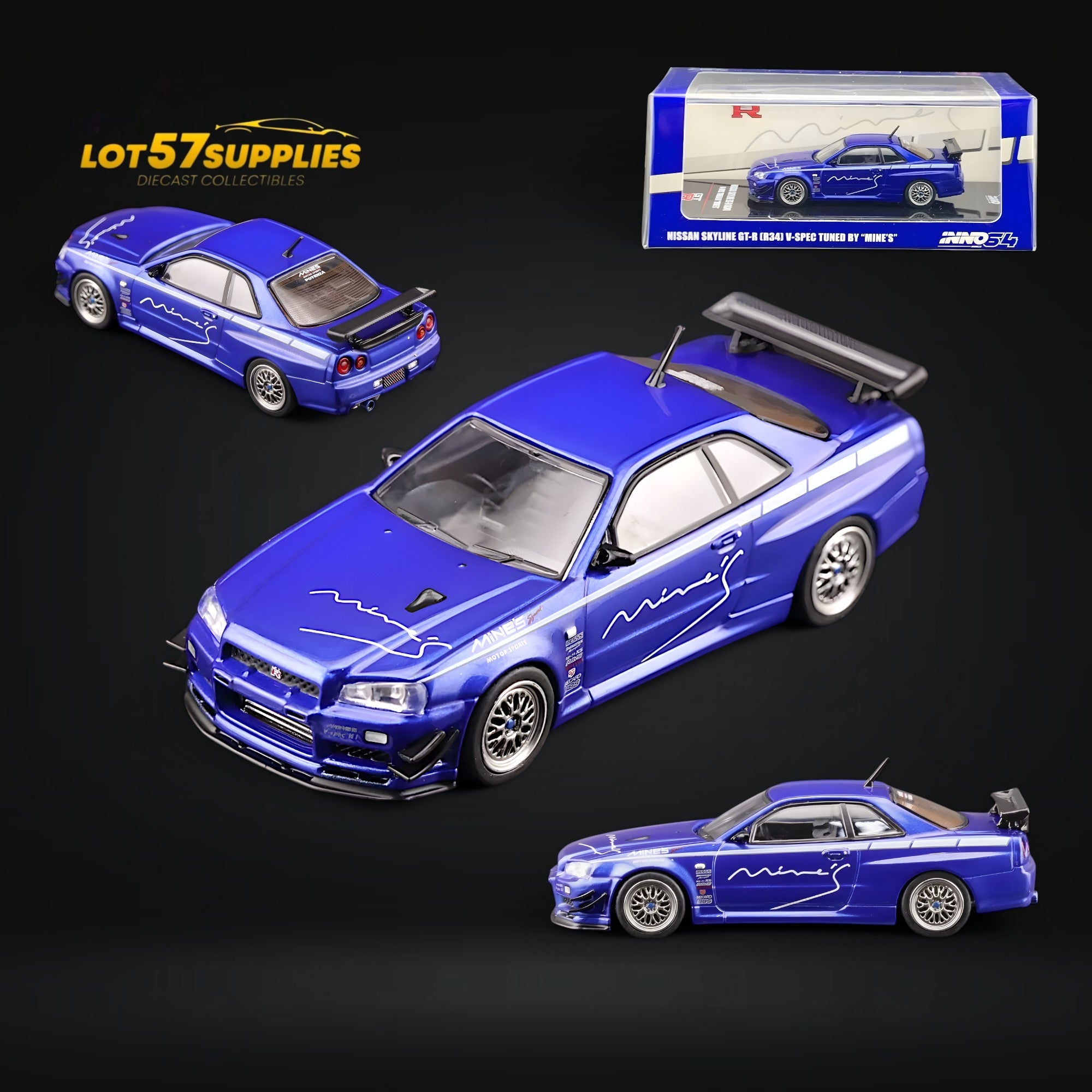 Inno64 Nissan Skyline GT-R R34 V-SPEC MINE'S BLUE 1:64 Main image