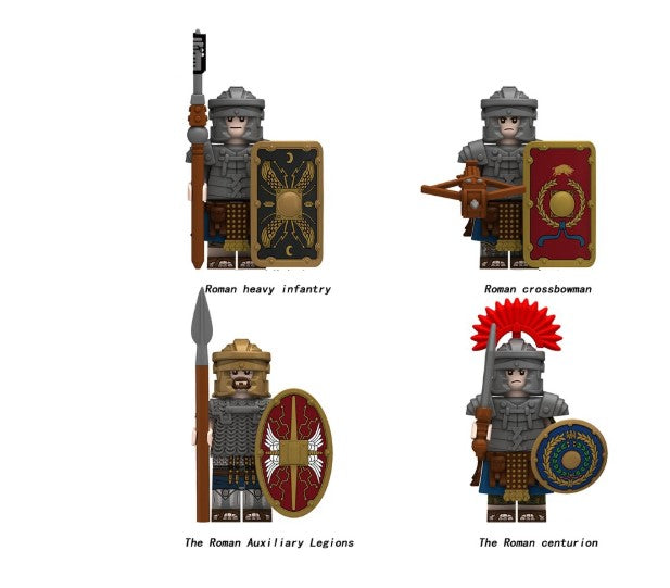 Set of 4 Roman army minifigures including heavy infantry, crossbowman, auxiliary legionary, and Roman centurion with shields and helmets, LEGO-compatible Main image