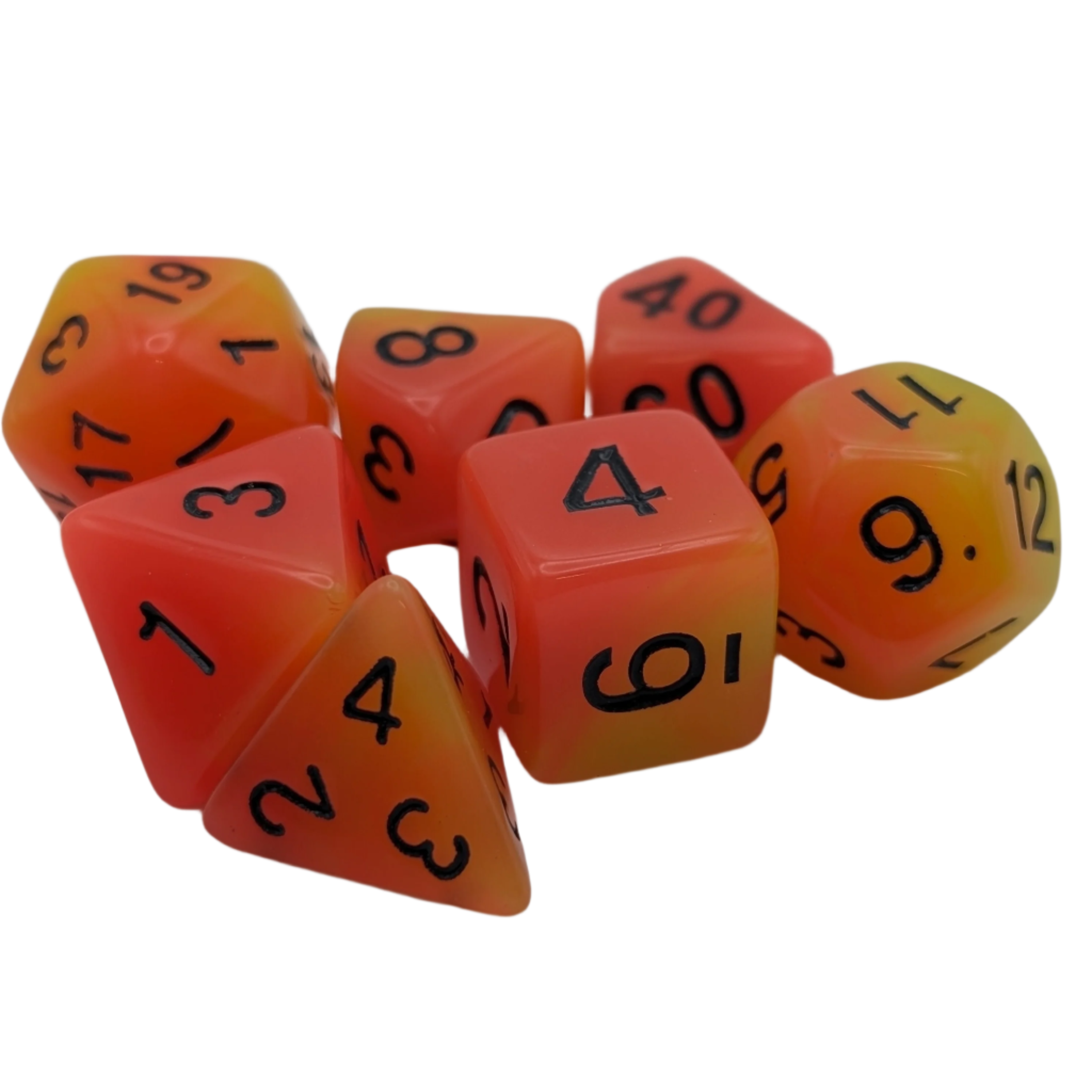 Orange and Yellow "Candlelight" - 7 Piece Glow in the Dark DnD Dice Set | Acrylic RPG Gaming Dice Main image