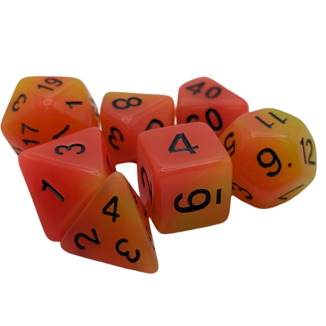 Orange and Yellow "Candlelight" - 7 Piece Glow in the Dark DnD Dice Set | Acrylic RPG Gaming Dice - Collectors World Toys Hover Image