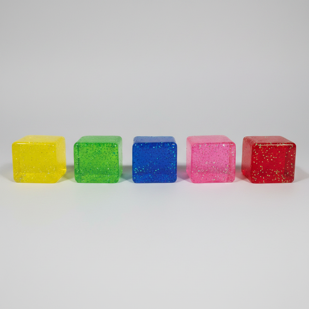 Set of Five Translucent Glitter Mini Magic Cube by Squeeze Toys (Slow-Rising Squish) Main image