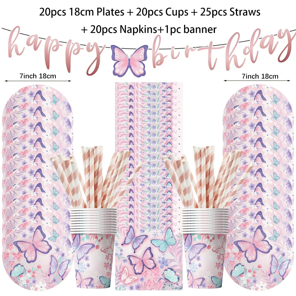 Butterfly Fairy Birthday Party Tableware Set – Pink Disposable Plates, Cups, Napkins & Tablecloth | Girls Party Decorations & Supplies