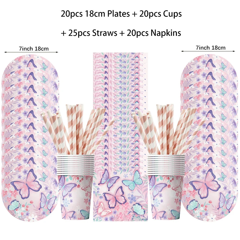 Butterfly Fairy Birthday Party Tableware Set – Pink Disposable Plates, Cups, Napkins & Tablecloth | Girls Party Decorations & Supplies