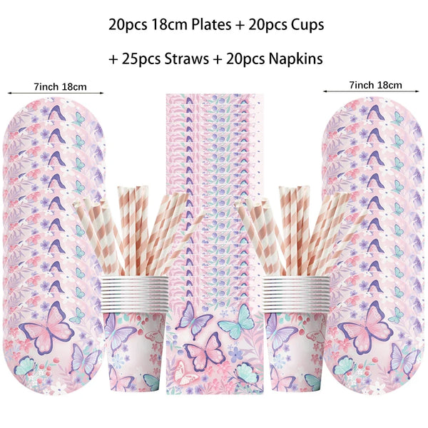 Butterfly Fairy Birthday Party Tableware Set – Pink Disposable Plates, Cups, Napkins & Tablecloth | Girls Party Decorations & Supplies