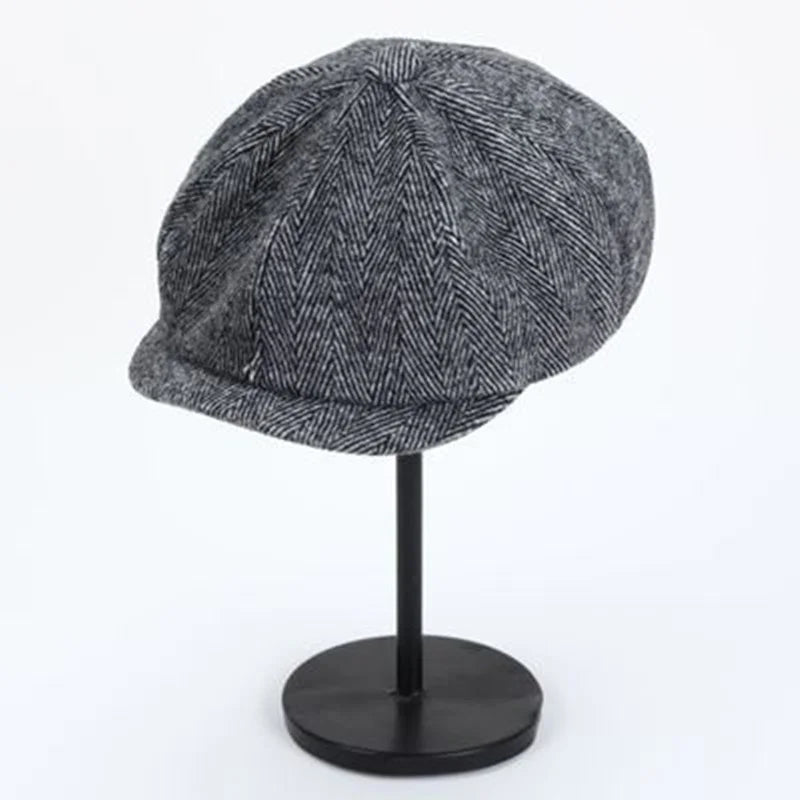 Retro Men’s Newsboy Cap – Classic Herringbone Octagonal Hat, British Style Flat Cap for Autumn & Winter, Vintage Painter Beret