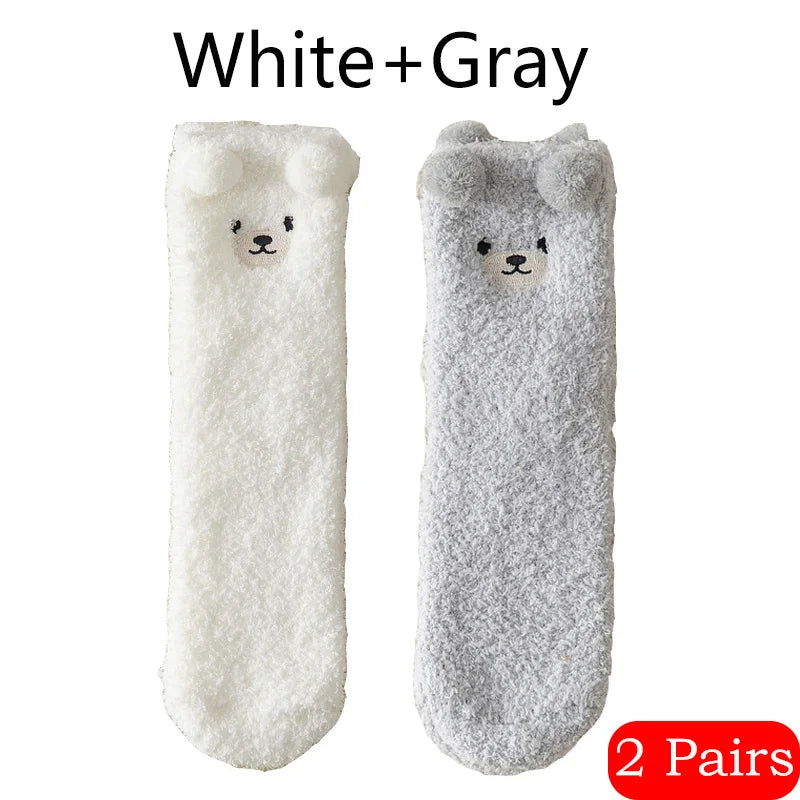 2 Pairs Cute Socks Bear Women Coral Velvet Thick Plush Warm Socks Sleep Fluffy Socks Cute Cartoon Lovely Floor Fuzzy Sock Winter