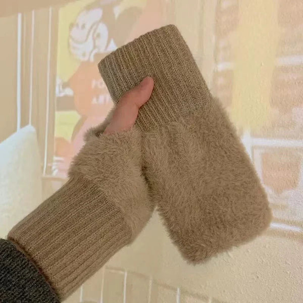 Women’s Soft Mink Fleece Fingerless Gloves – Knitted Plush Half-Finger Winter Mittens for Driving, Writing & Cold Weather Warmth