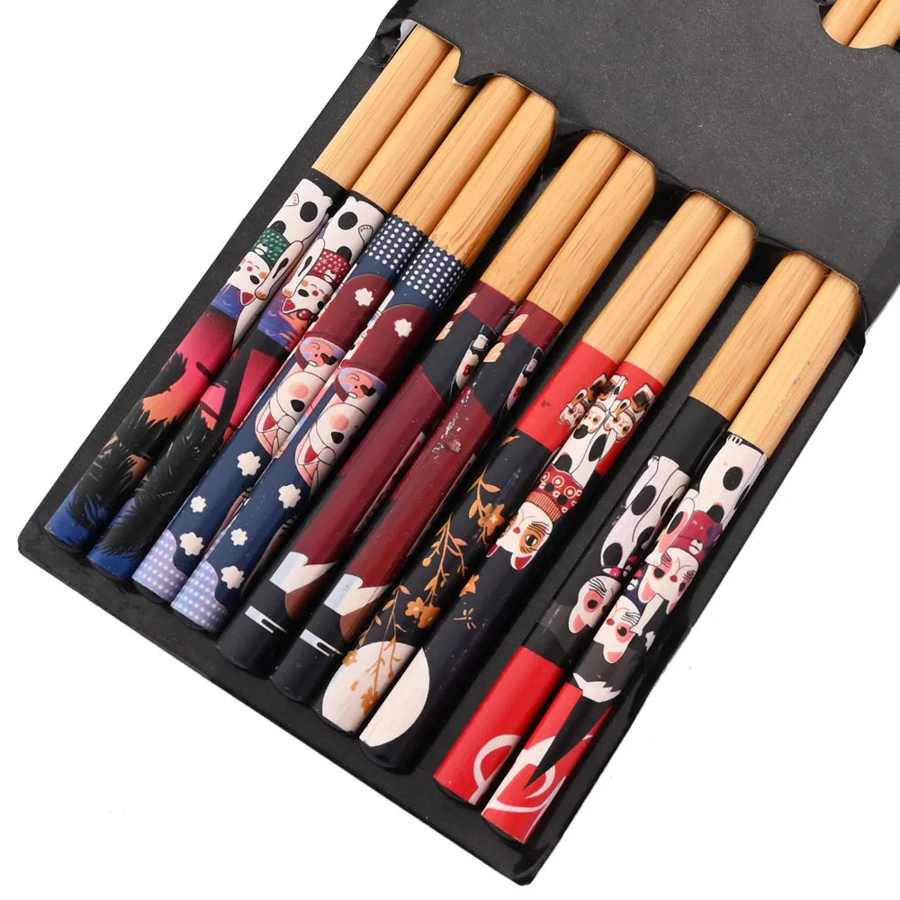Eco-Friendly Reusable Bamboo Chopsticks Set – 5 Pairs Handmade Japanese Wooden Tableware for Sushi & Everyday Dining