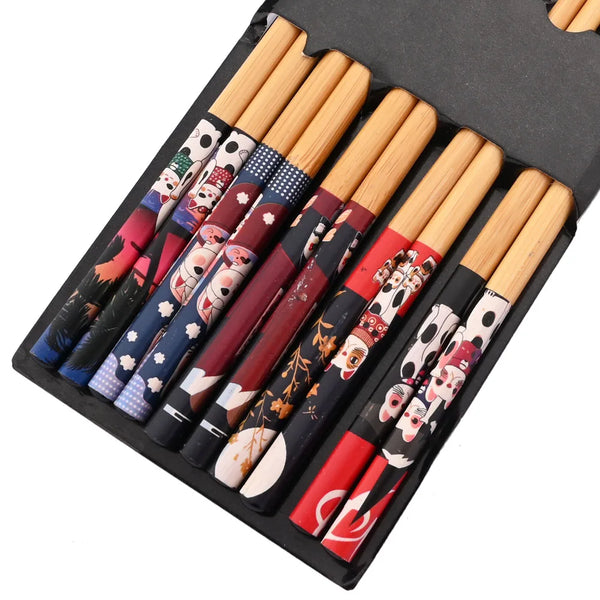 Eco-Friendly Reusable Bamboo Chopsticks Set – 5 Pairs Handmade Japanese Wooden Tableware for Sushi & Everyday Dining
