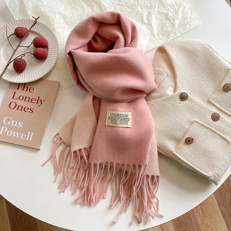 2023 Korean Style Cashmere Winter Scarf for Women – Knitted Double-Sided Solid Color Wrap | Soft Warm Fashion Neckerchief Shawl