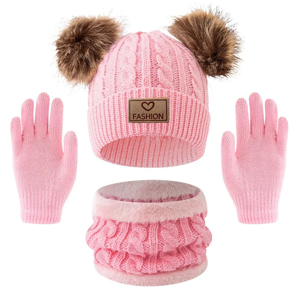 3pc 2-12Y Autumn and Winter Children's Hats and neck Gloves Set, cute, comfortable and warm, hats for boys and girls