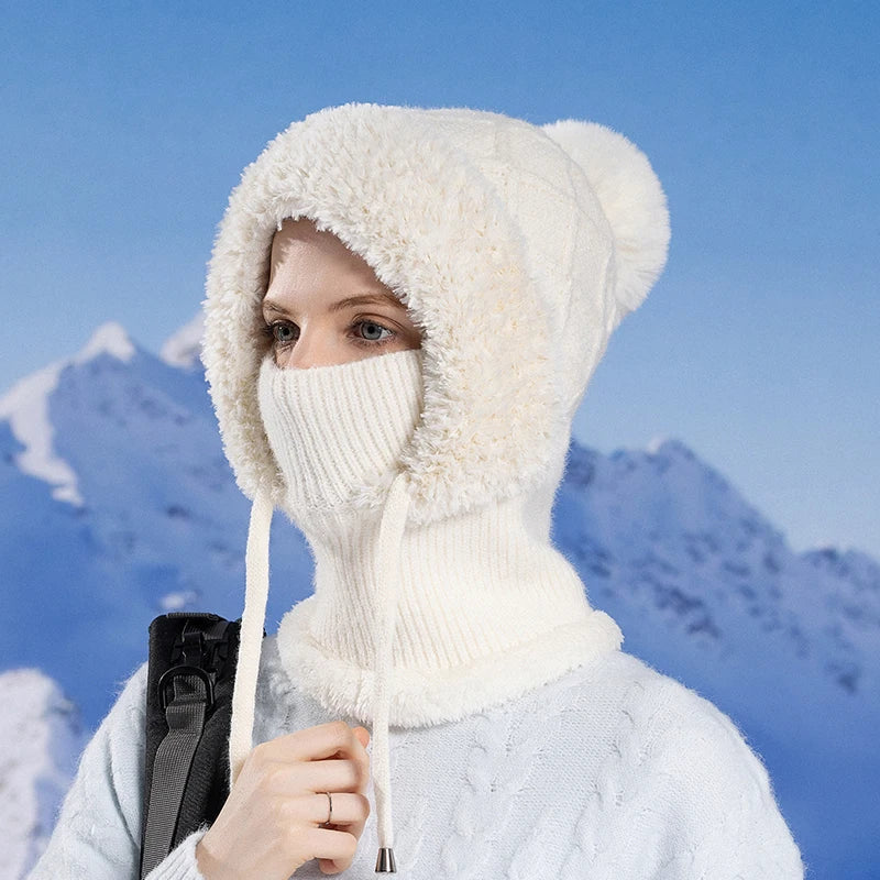 Women Winter Velvet Knitted Woolen Balaclava Hat Ear Protection fluffy Hat Mask Neck Integrated Warmth Cover Hat lady hooded cap