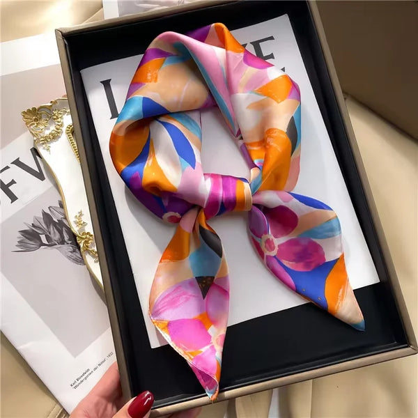 70cm Women’s Plant-Printed Silk Scarf – Elegant Square Headwear, Simulated Silk Neck Scarf for Bag, Hair & Clothing Accessories