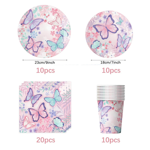 Butterfly Fairy Birthday Party Tableware Set – Pink Disposable Plates, Cups, Napkins & Tablecloth | Girls Party Decorations & Supplies
